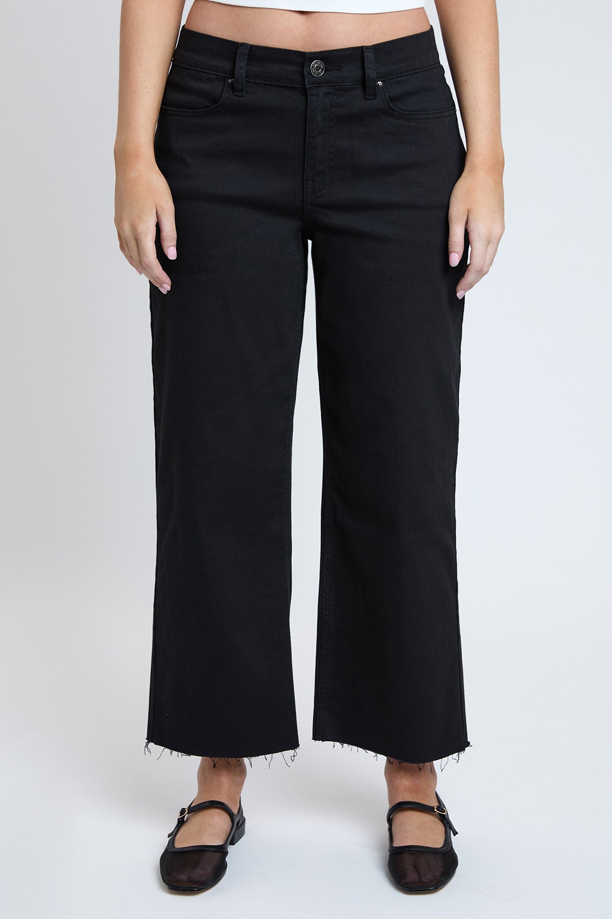 Side profile of YMI JEANS Women's High Rise Cropped Trouser Jeans, highlighting the modern wide leg silhouette.