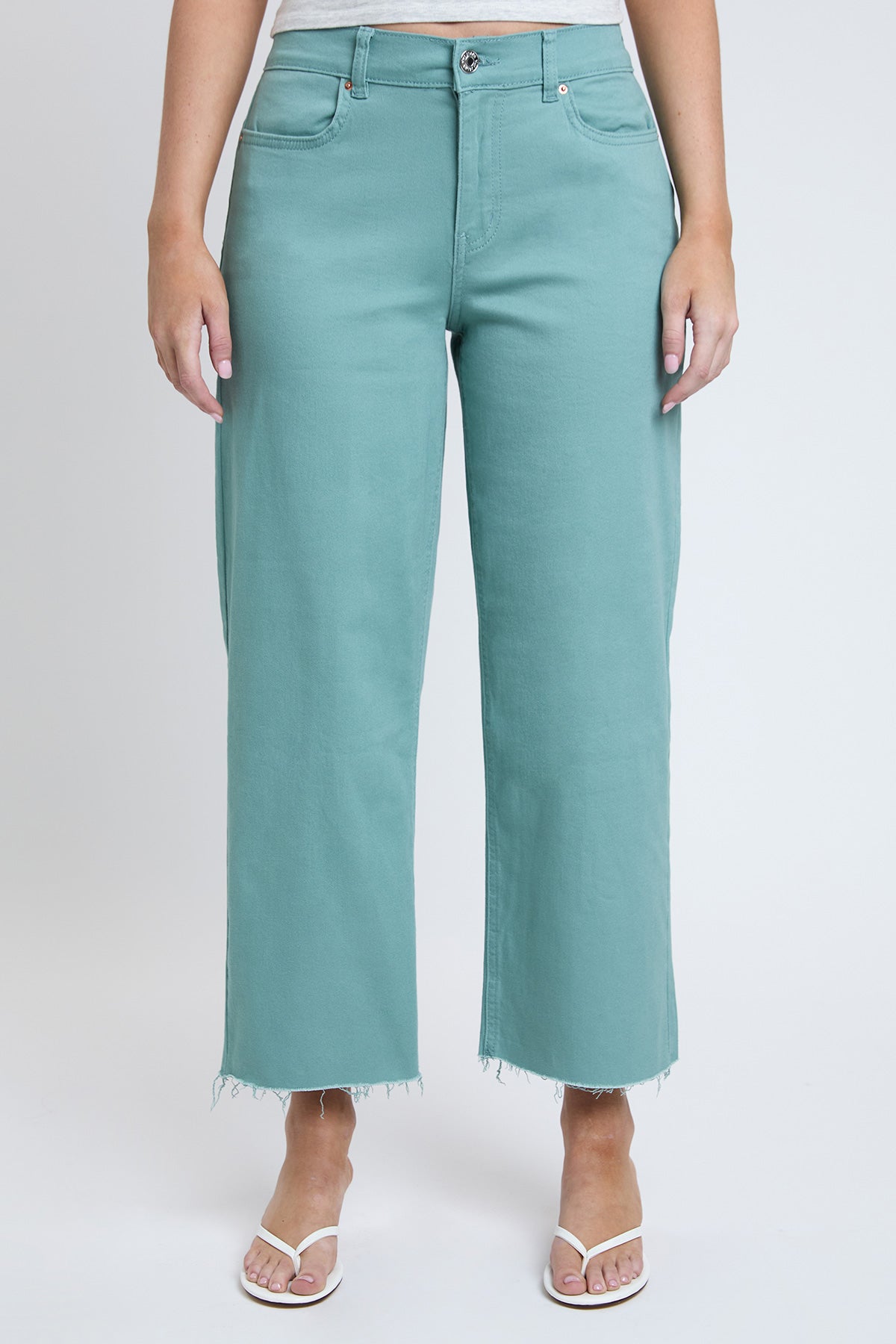 Detailed view of the YMI JEANS high rise cropped trouser jeans, highlighting the classic denim texture and stitching.