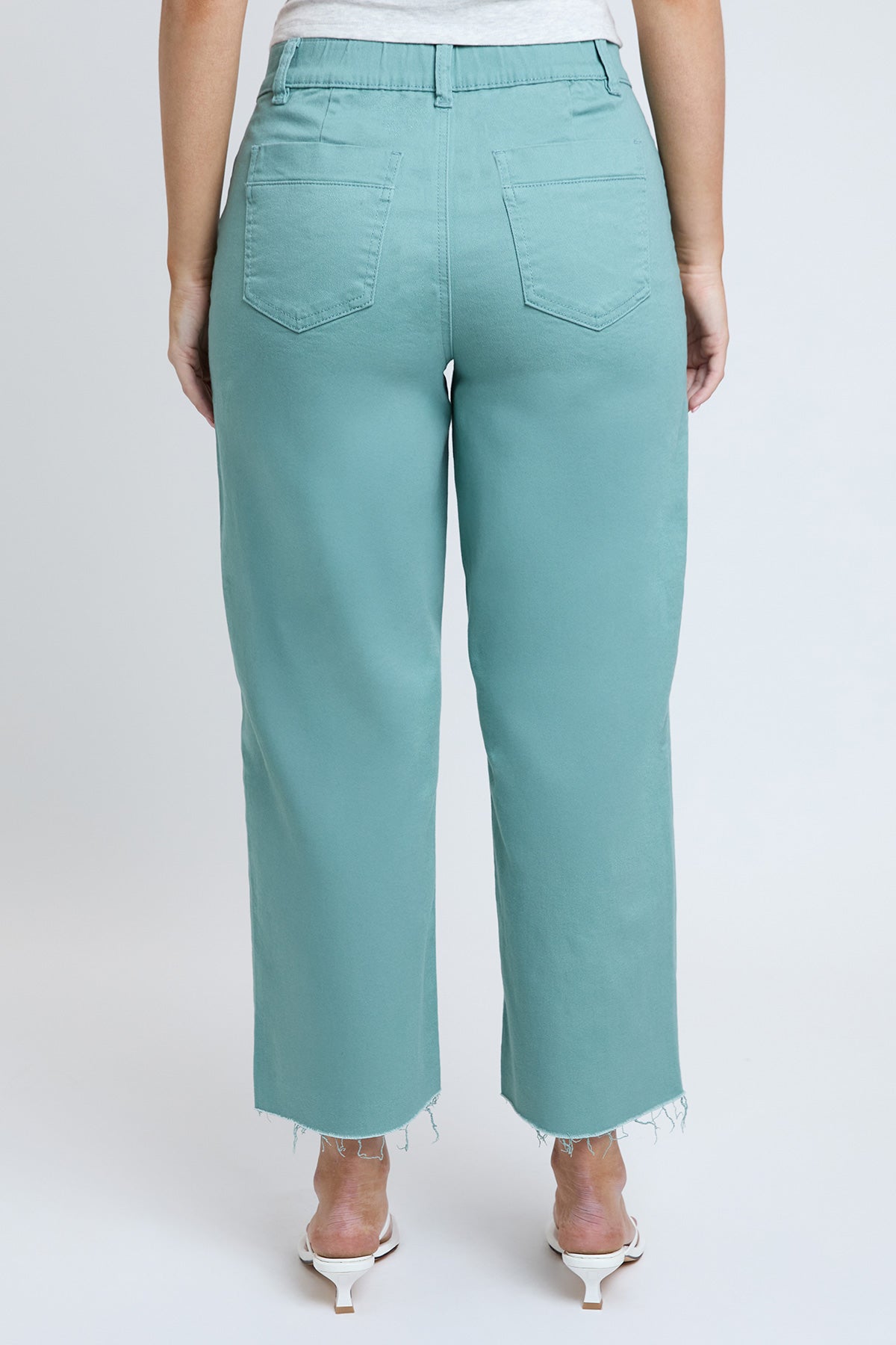 Back view of the YMI JEANS Women's High Rise Cropped Trouser Jeans, emphasizing the flattering wide leg silhouette.