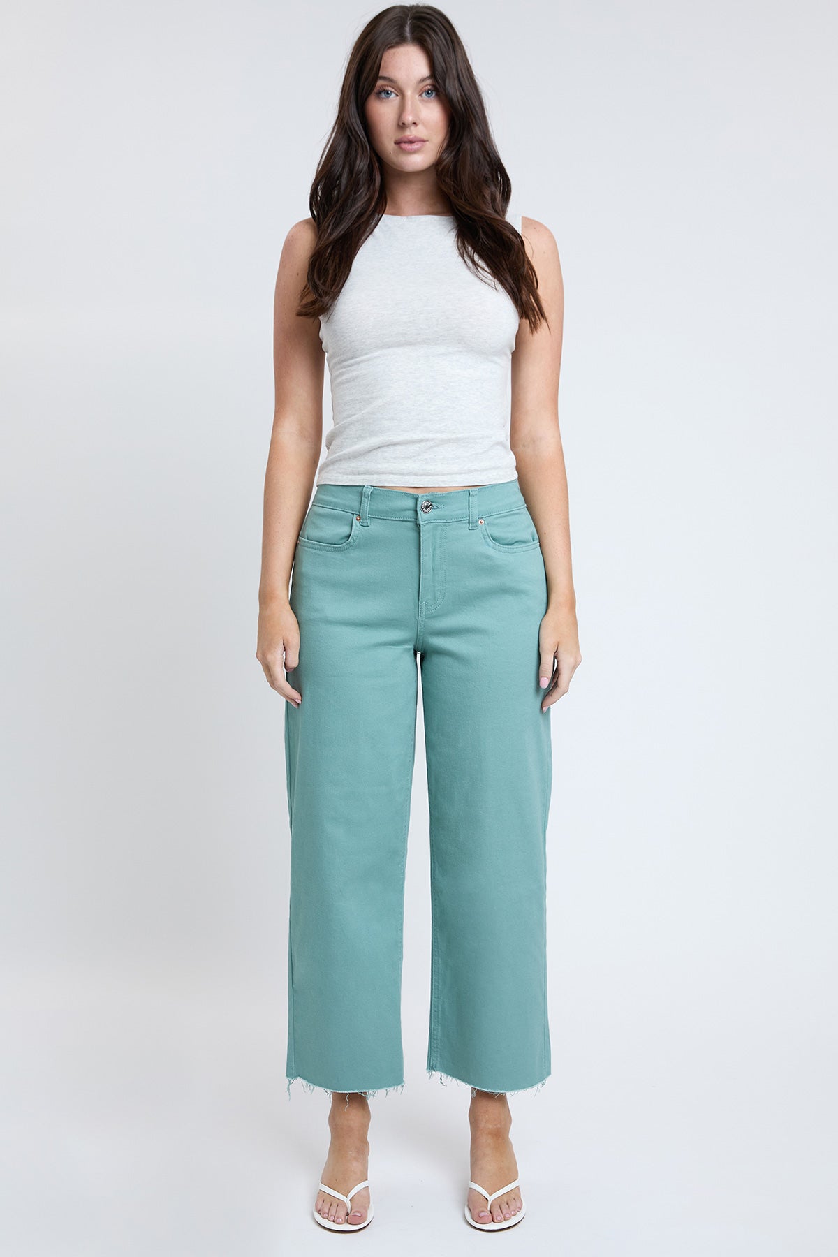 YMI JEANS high rise cropped trouser jeans, showcasing the comfortable wide leg fit and quality denim fabric.