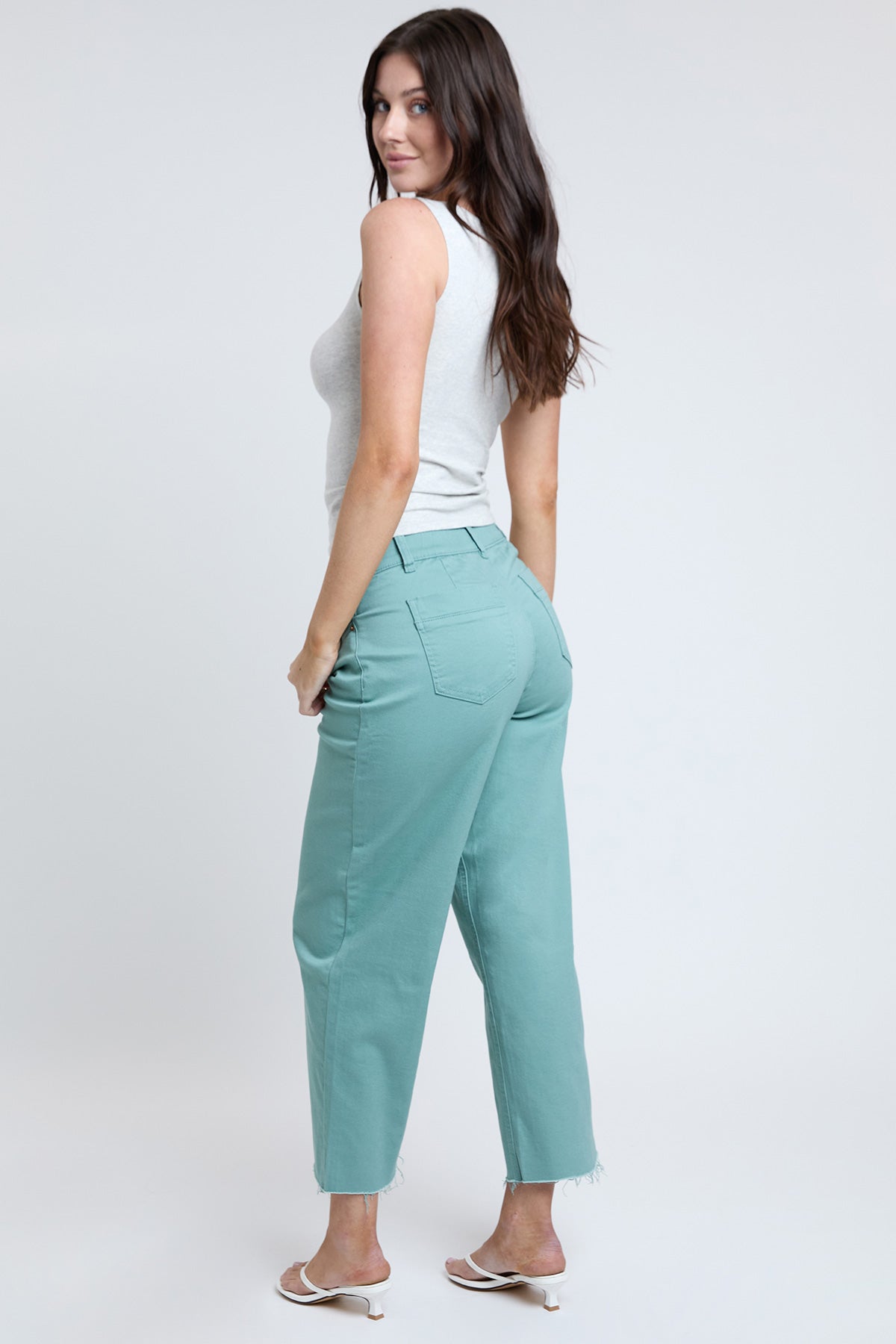 Detail of the stylish cropped hem on YMI JEANS Women's Wide Leg Trouser Jeans, perfect for showcasing footwear.