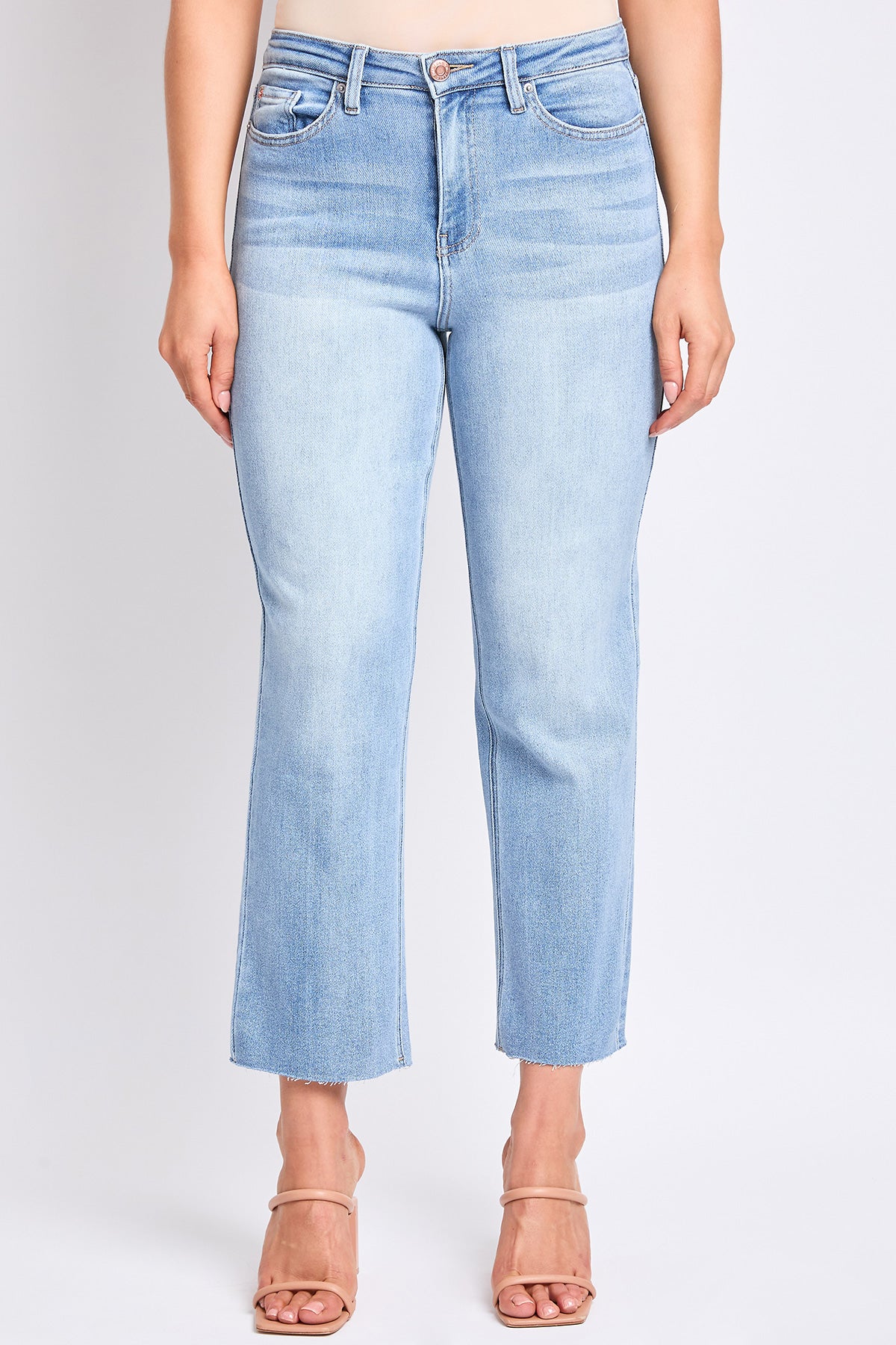 YMI JEANS Women's Cropped Straight Jeans, back view showcasing classic five-pocket styling and light blue wash.