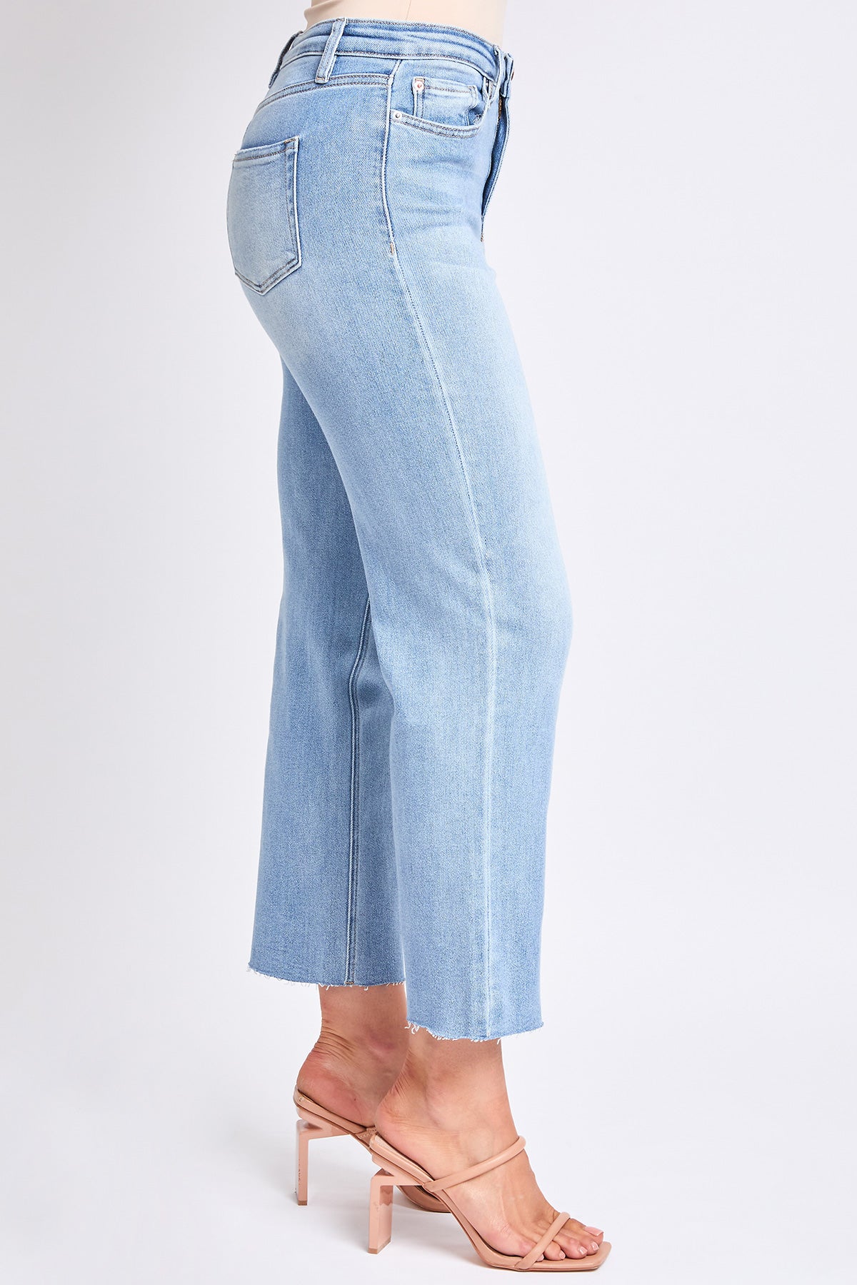 Close-up of YMI JEANS Women's Cropped Straight Jeans fabric, highlighting the soft, luxe denim texture and light blue hue.