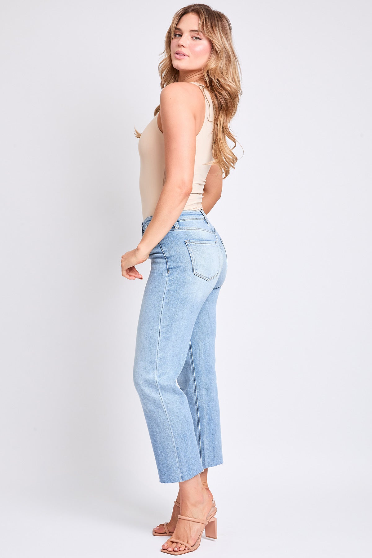 YMI JEANS Women's Cropped Straight Jeans, side profile, revealing the flattering straight leg cut and ankle length design.