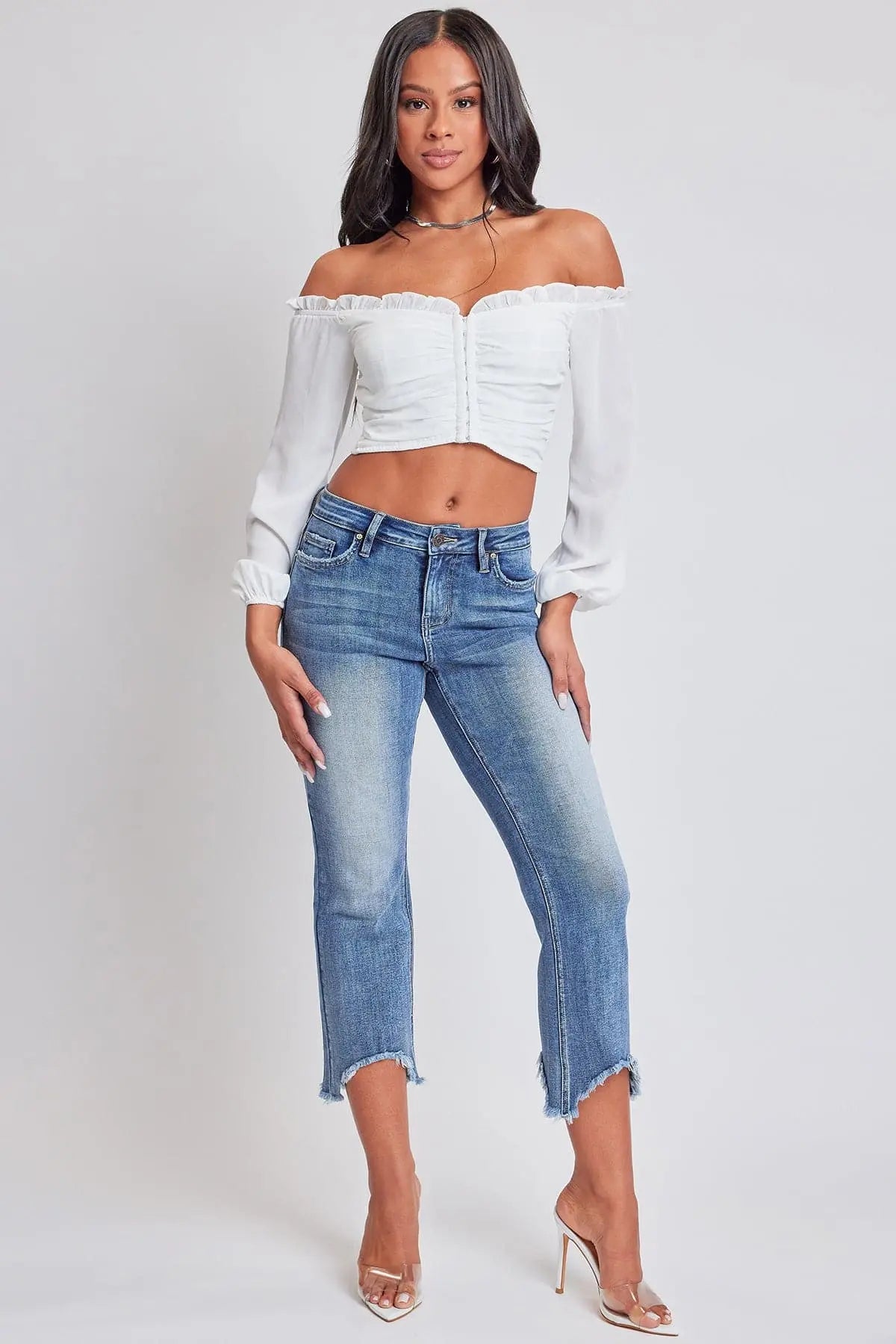 Women's Mid Rise Kick Flare Fray Hem Cropped Jeans YMI JEANS