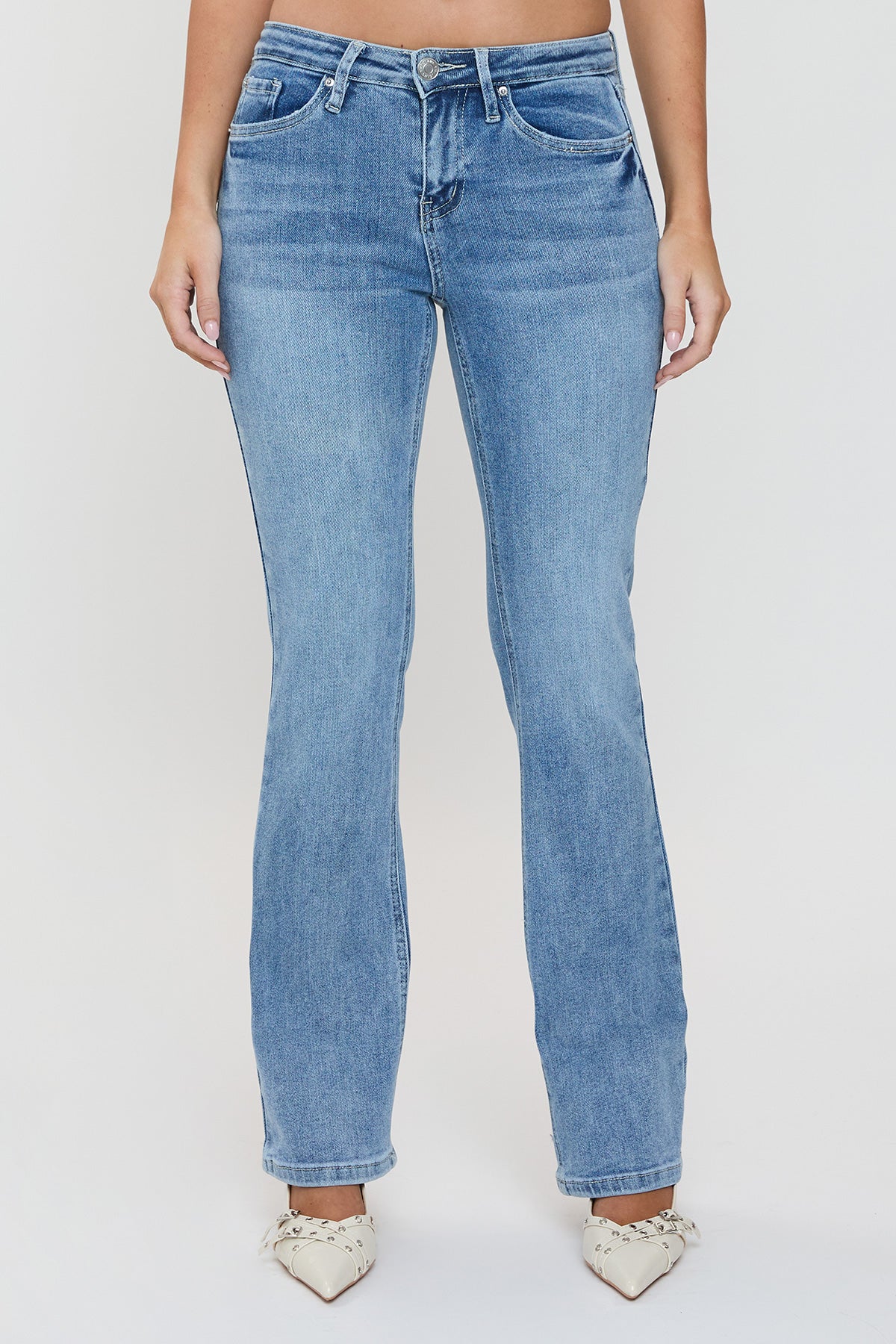 Close-up of YMI JEANS Women's Essential Bootcut Jeans, highlighting the quality blue denim fabric texture and stitching.