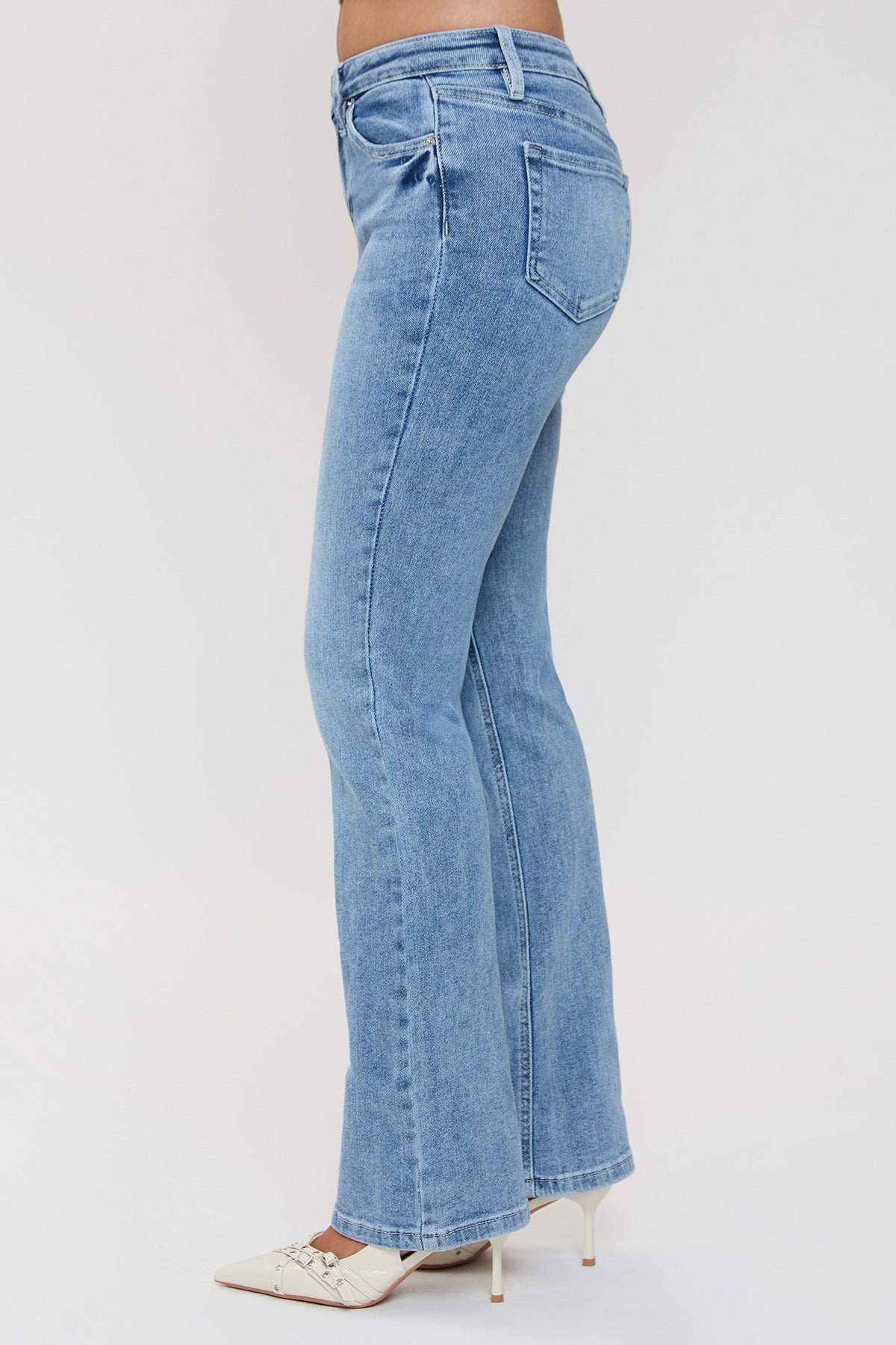 YMI JEANS Women's Essential Bootcut Jeans, side profile, illustrating the elegant bootcut flare and comfortable waistline.