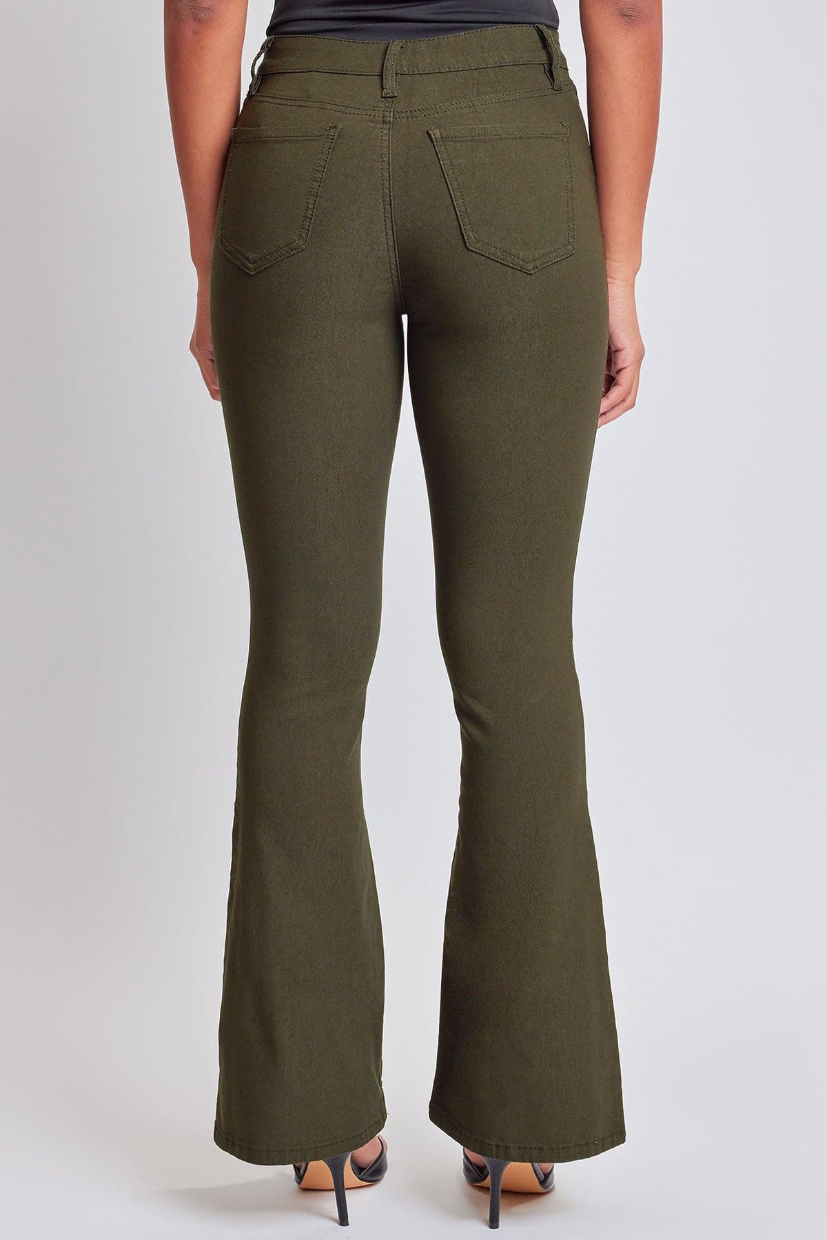 Detailed view of the YMI JEANS Women's Hyperstretch Flare Pants waistband and stitching.