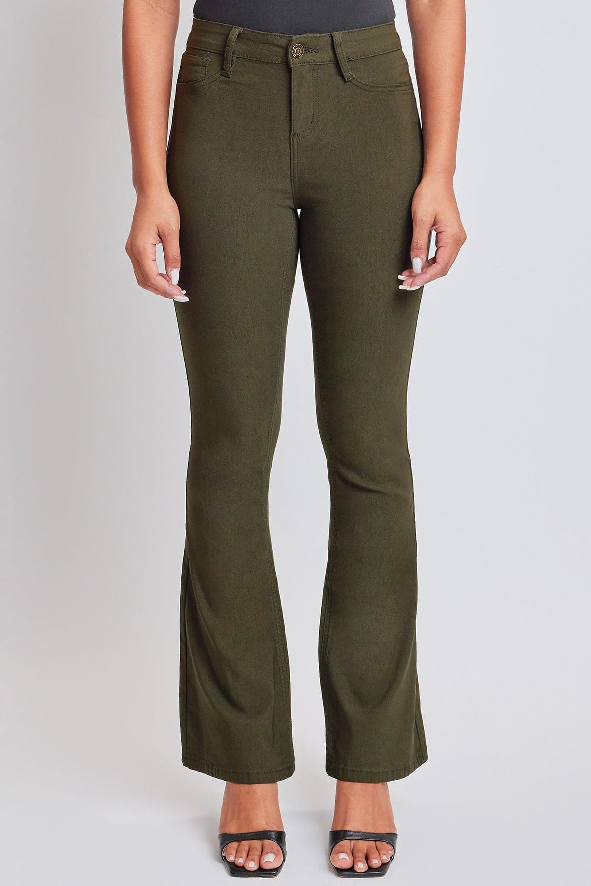 Close-up of YMI JEANS Hyperstretch Flare Pants fabric. Shows texture and high-rise waist detail.