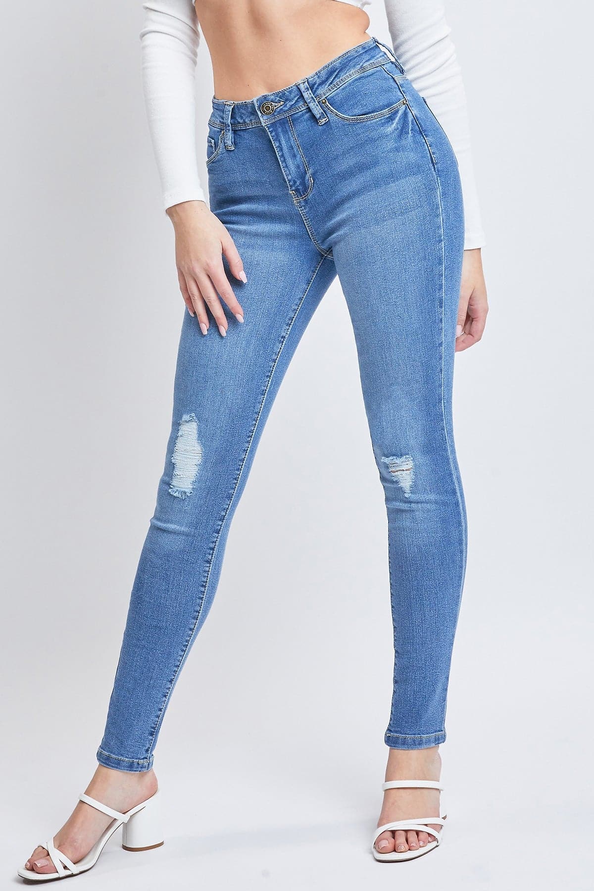 YMI JEANS Women's Essential Sustainable Distressed Skinny Jeans - Close Up