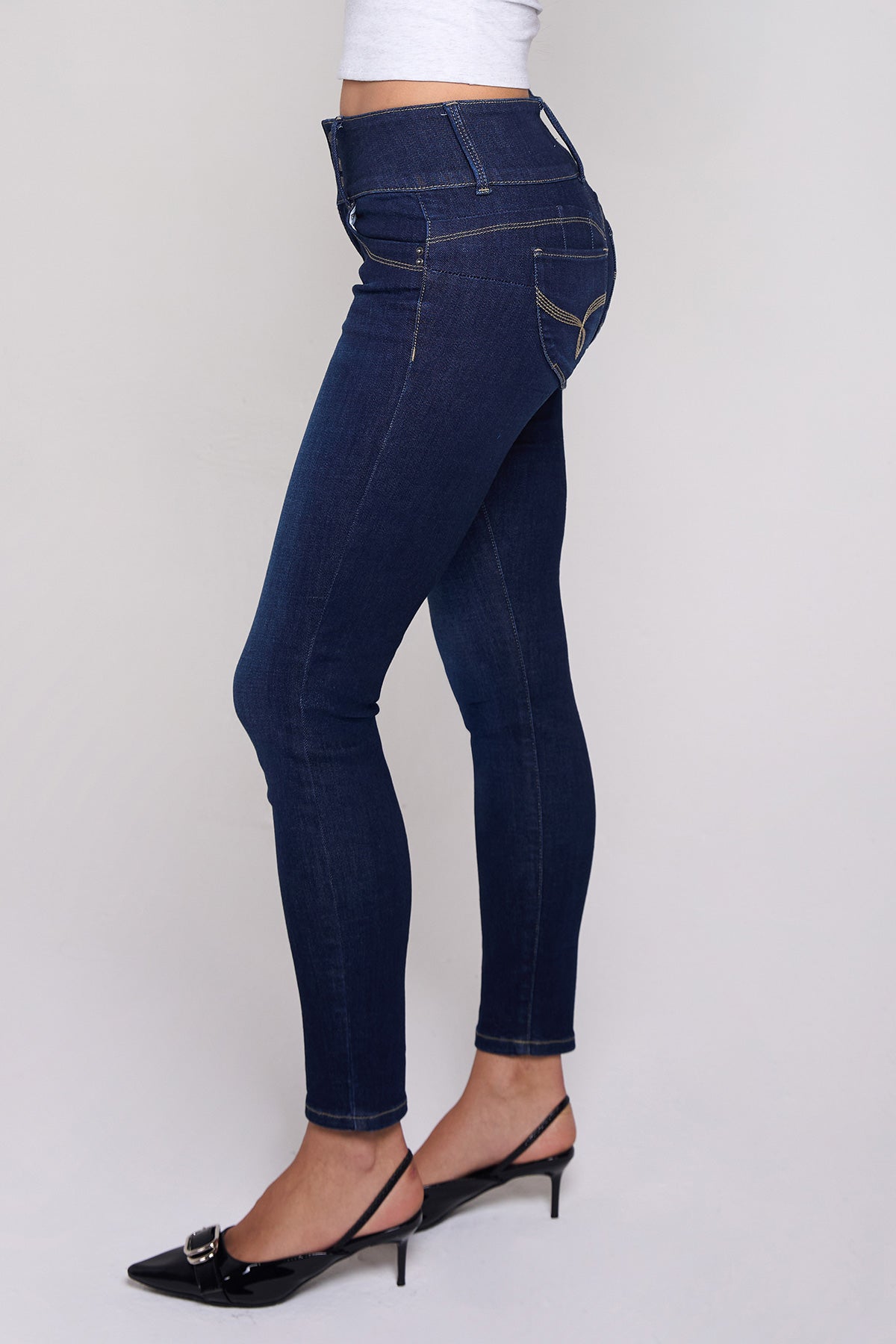 YMI JEANS Women's Skinny Jeans, denim fabric texture close-up, showcasing quality and stretch material.