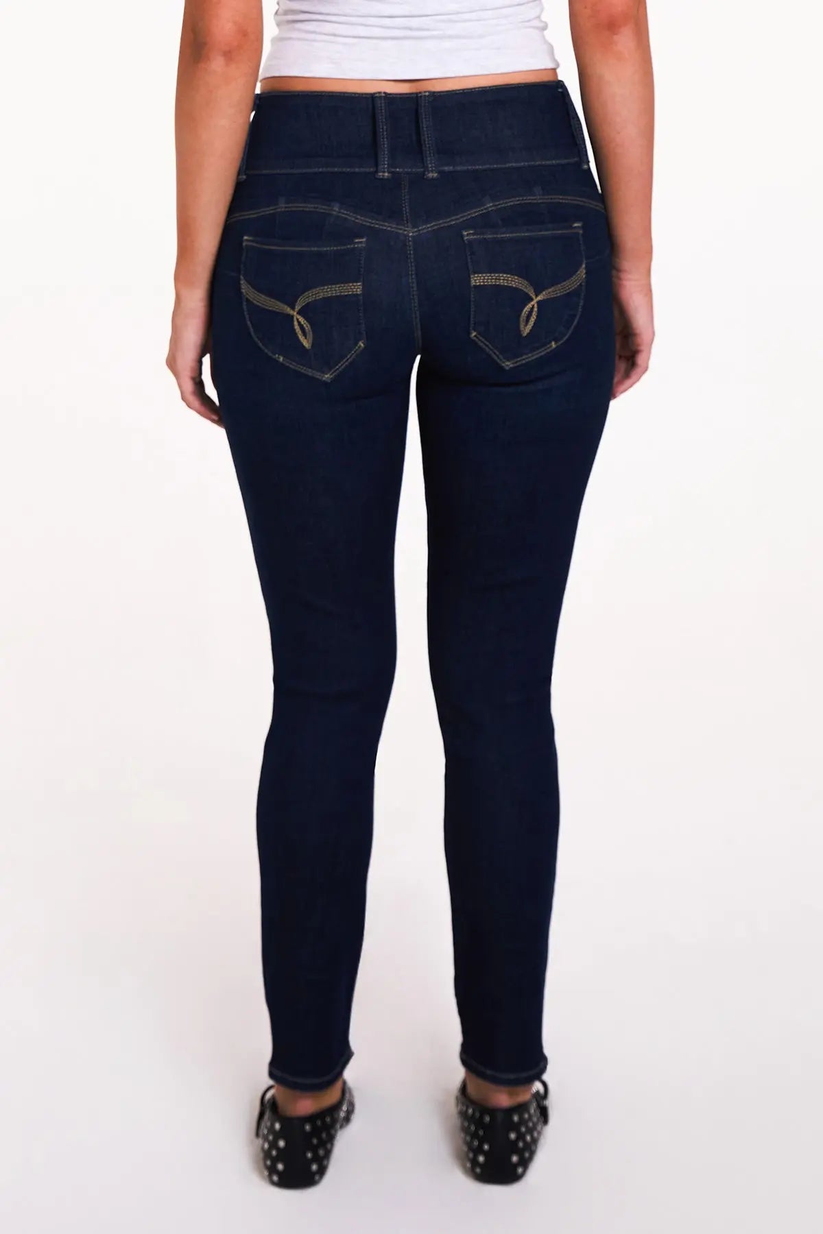 Women's Luxe Mid Rise 3-Button WannaBettaButt Skinny Jeans YMI JEANS