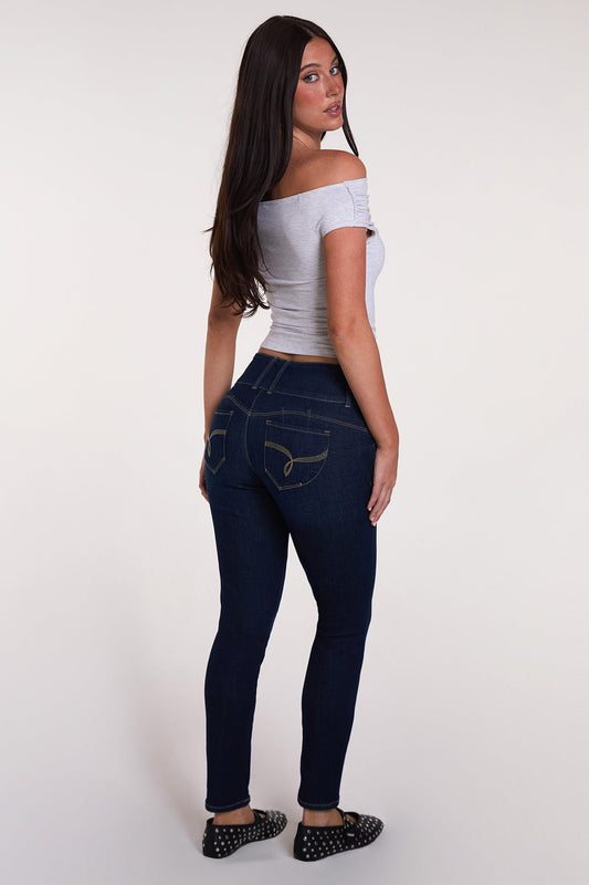 Women's Luxe Mid Rise 3-Button WannaBettaButt Skinny Jeans YMI JEANS