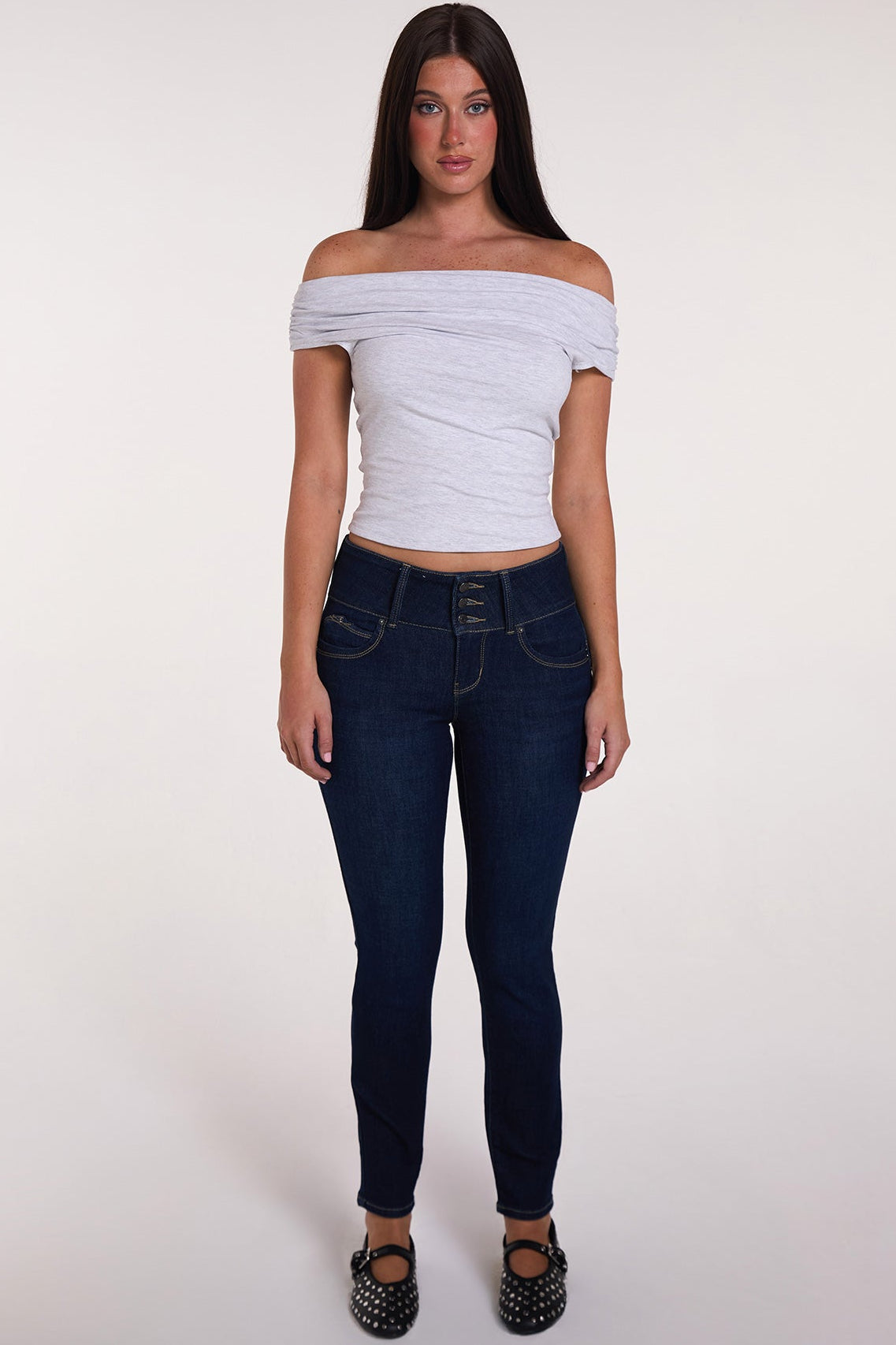 Women's Luxe Mid Rise 3-Button WannaBettaButt Skinny Jeans YMI JEANS