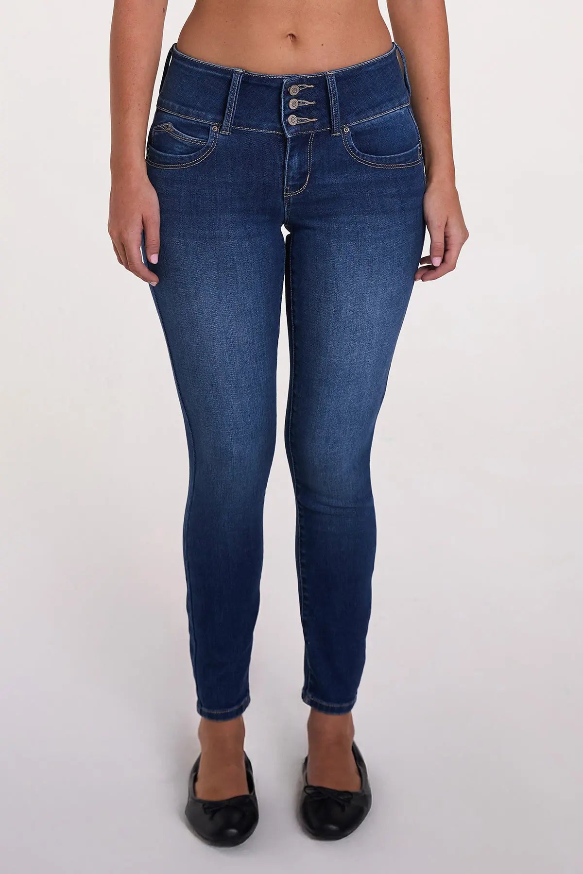 Women's Luxe Mid Rise 3-Button WannaBettaButt Skinny Jeans YMI JEANS