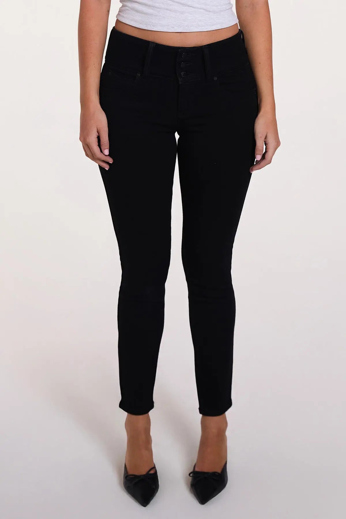 Women's Luxe Mid Rise 3-Button WannaBettaButt Skinny Jeans YMI JEANS