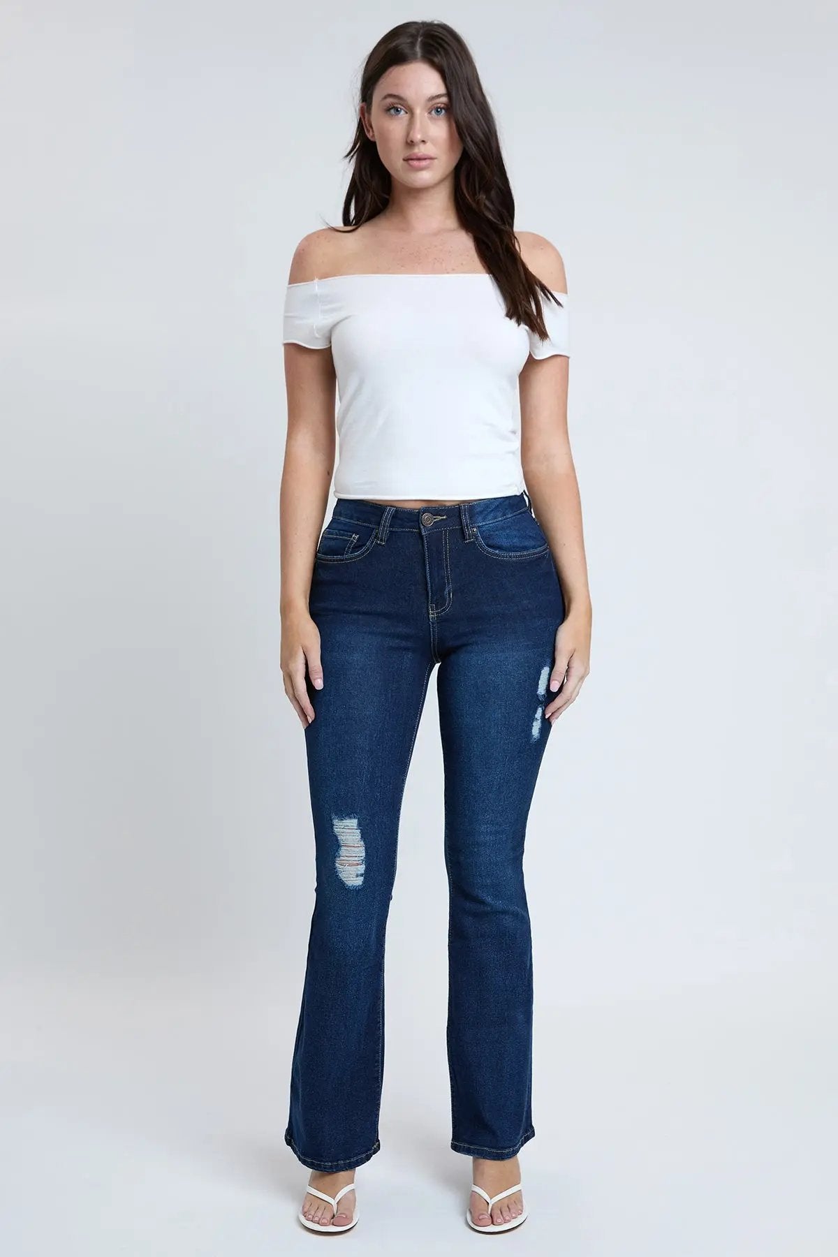 Women's Essential Distressed Flare Jeans-Distressed YMI JEANS