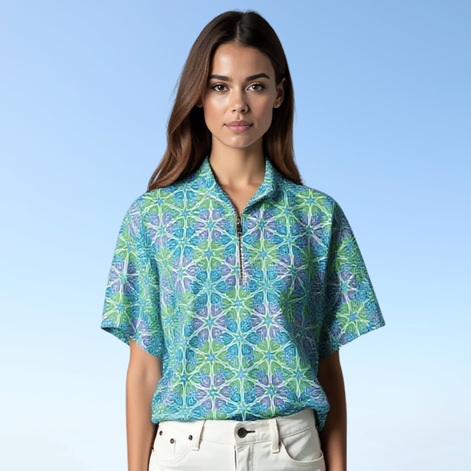 Katherine Way Bayside Short Sleeve Zip Neck Top Flower Burst Katherine Way