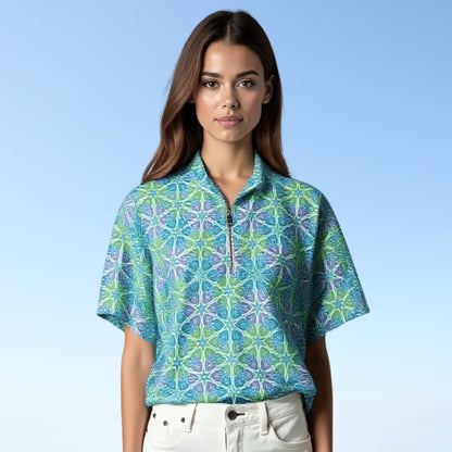 Katherine Way Bayside Short Sleeve Zip Neck Top Flower Burst
