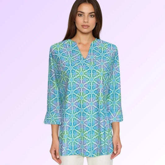 Boca Tunic Top Flower Burst Blue Elegant Relaxed Fit Katherine Way