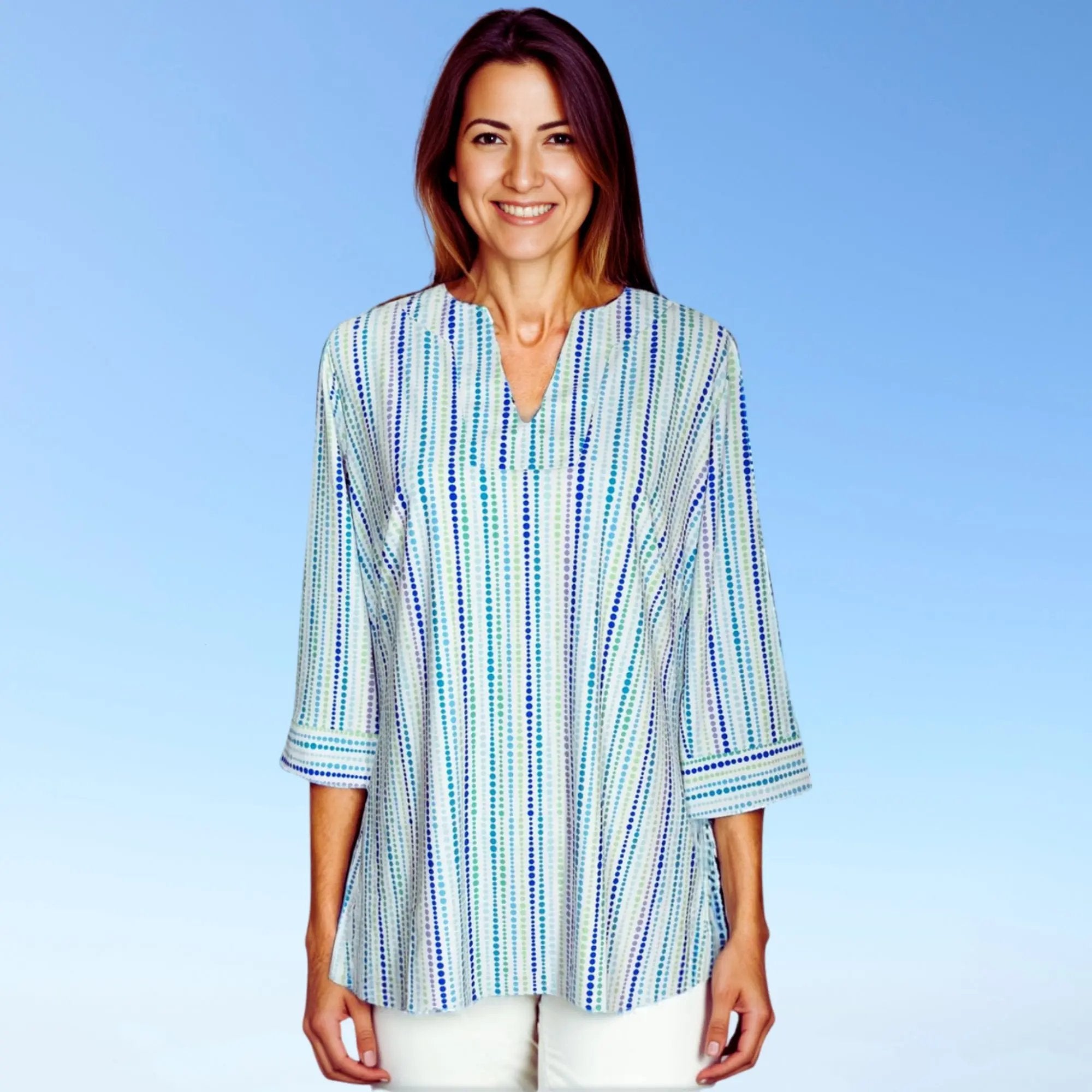 Boca Tunic Top In Candy Dots Blue Lightweight Relaxed Fit Katherine Way