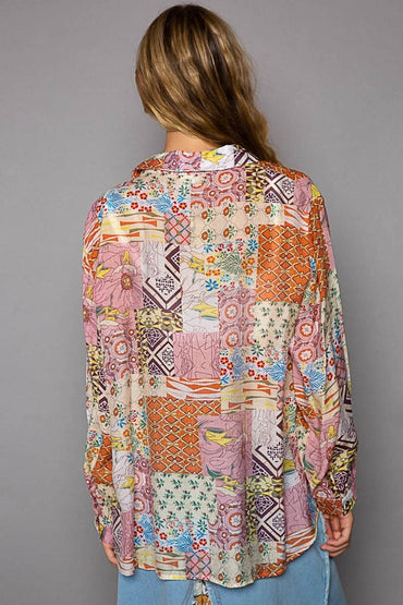 POL Button-Down Long Sleeve Printed Shirt - Love Salve 