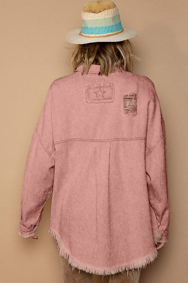 POL Button Down Raw Hem Distressed Shacket - Love Salve 