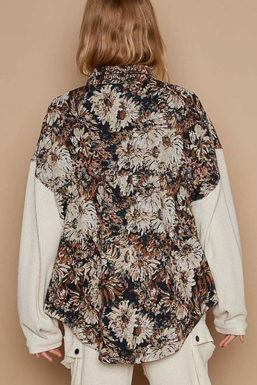 POL Contrast Sleeves Button Down Floral Jacquard Shirt - Love Salve 