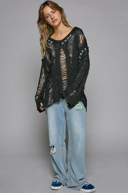 POL Distressed Dropped Shoulder Long Sleeve Knit Top 
