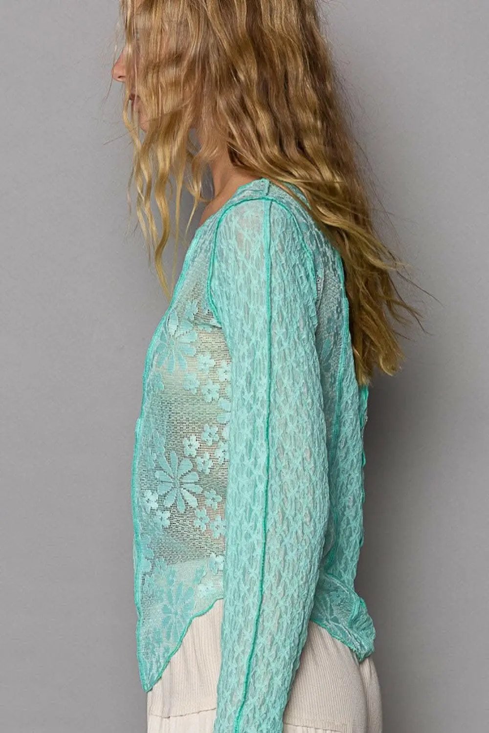 POL Exposed Seam Long Sleeve Lace Knit Top - Love Salve 