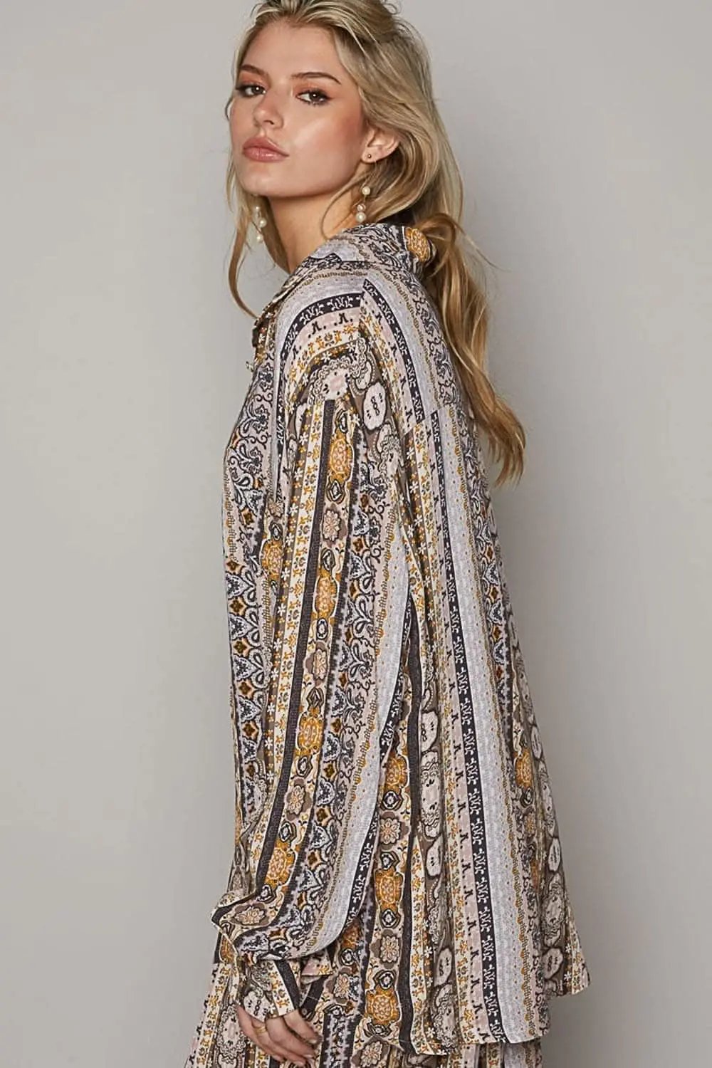 POL Long Sleeve Button Down Printed Shirt - Love Salve 