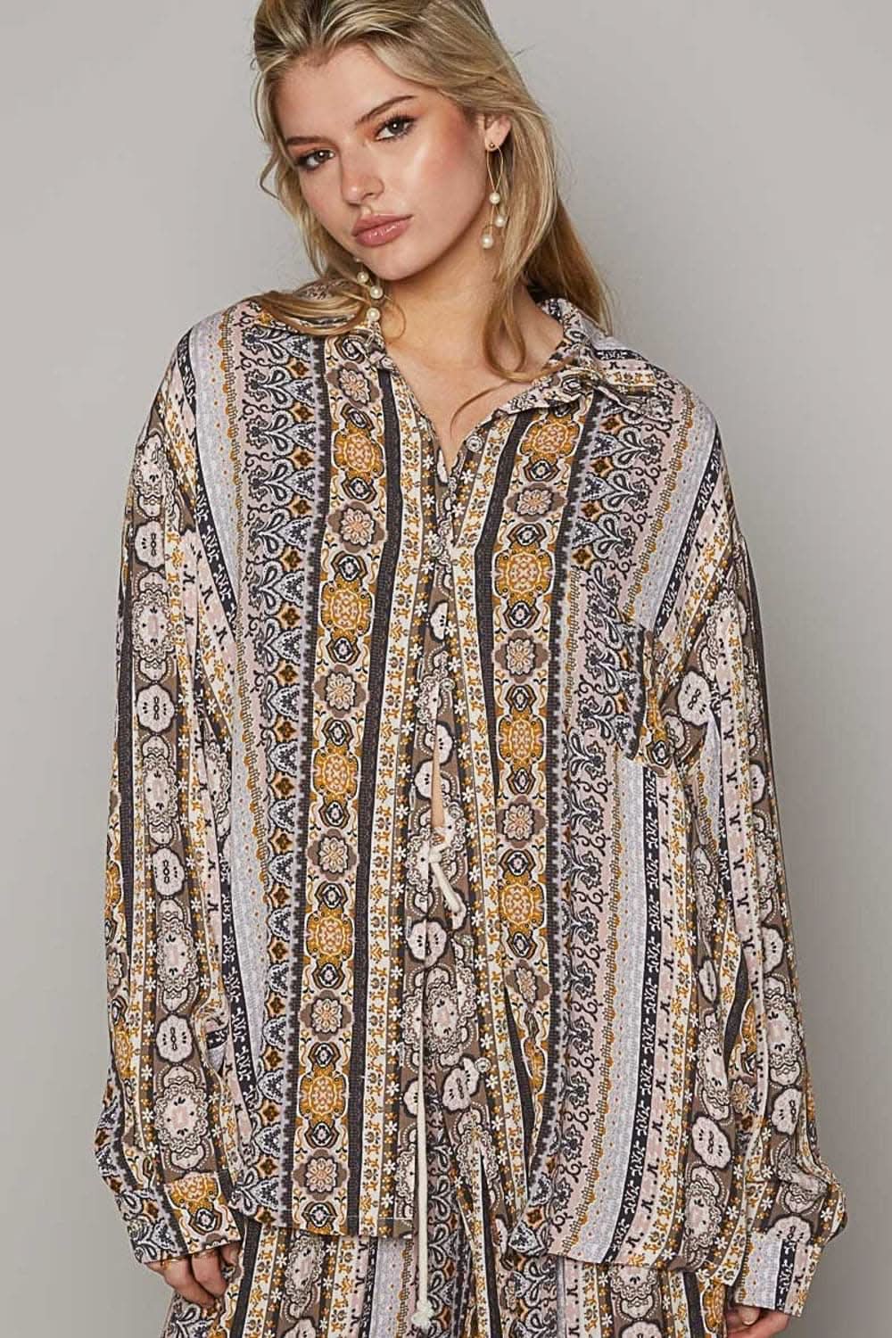 POL Long Sleeve Button Down Printed Shirt - Love Salve 
