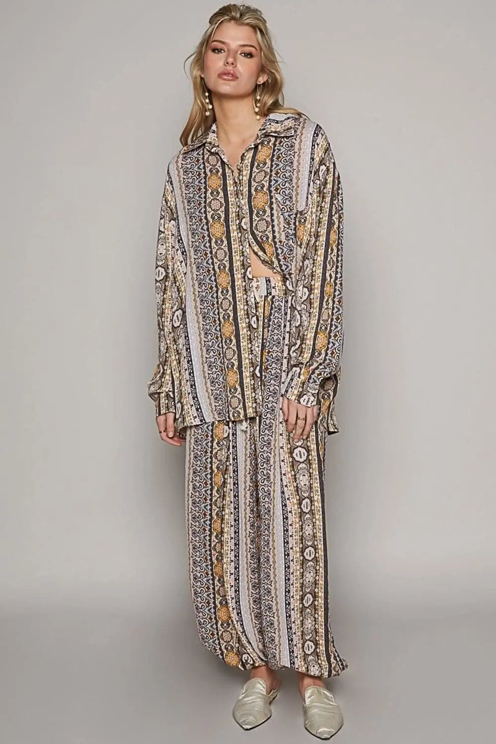 POL Long Sleeve Button Down Printed Shirt - Love Salve 