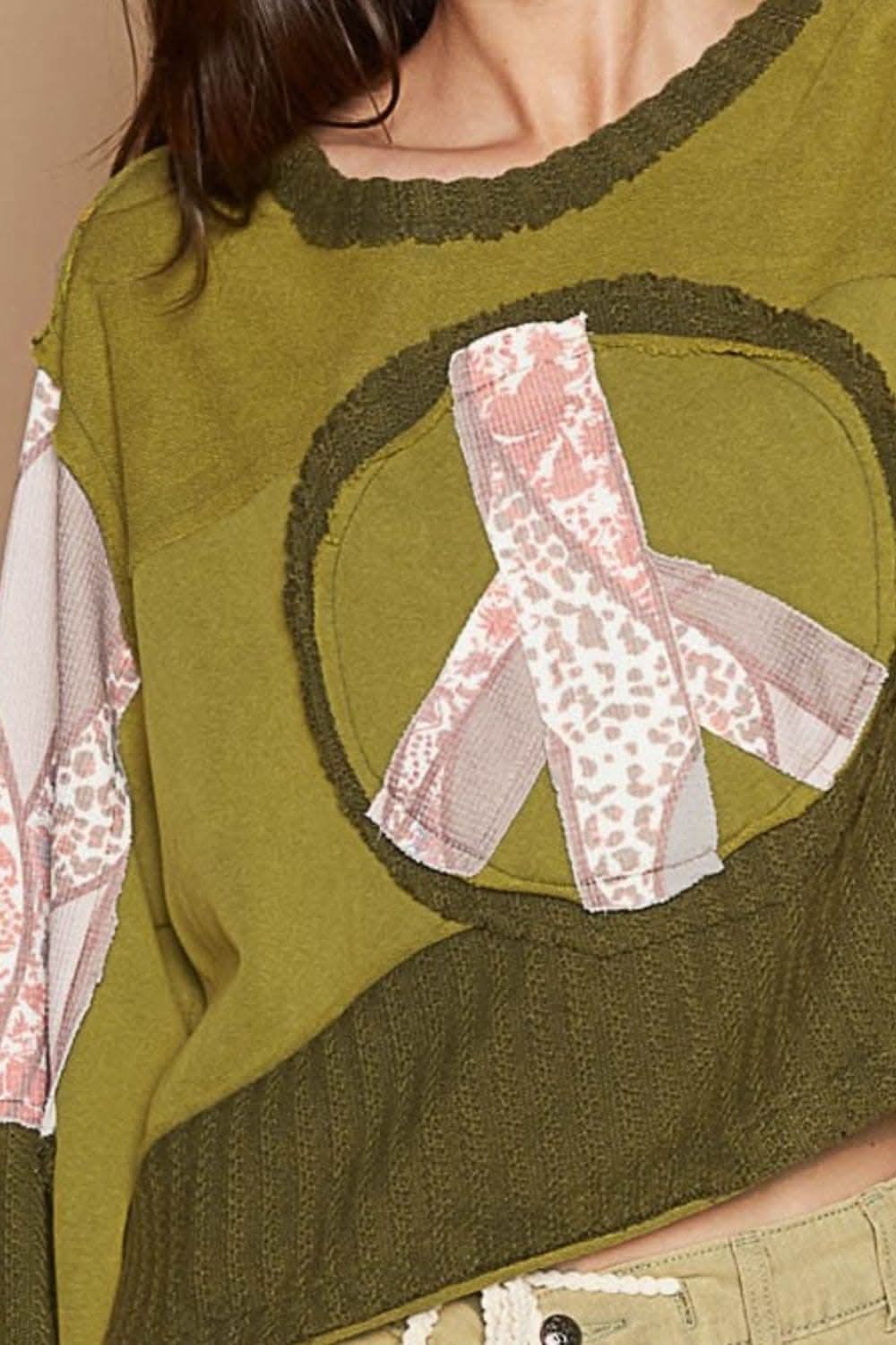 POL Long Sleeve Cut Sew Peace Emblem Top 