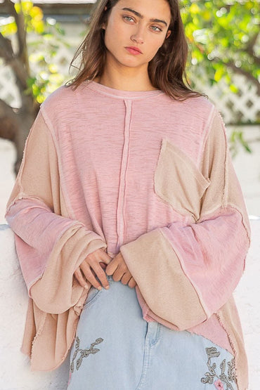 POL Round Neck Contrast Stitching High-Low Top - Love Salve 