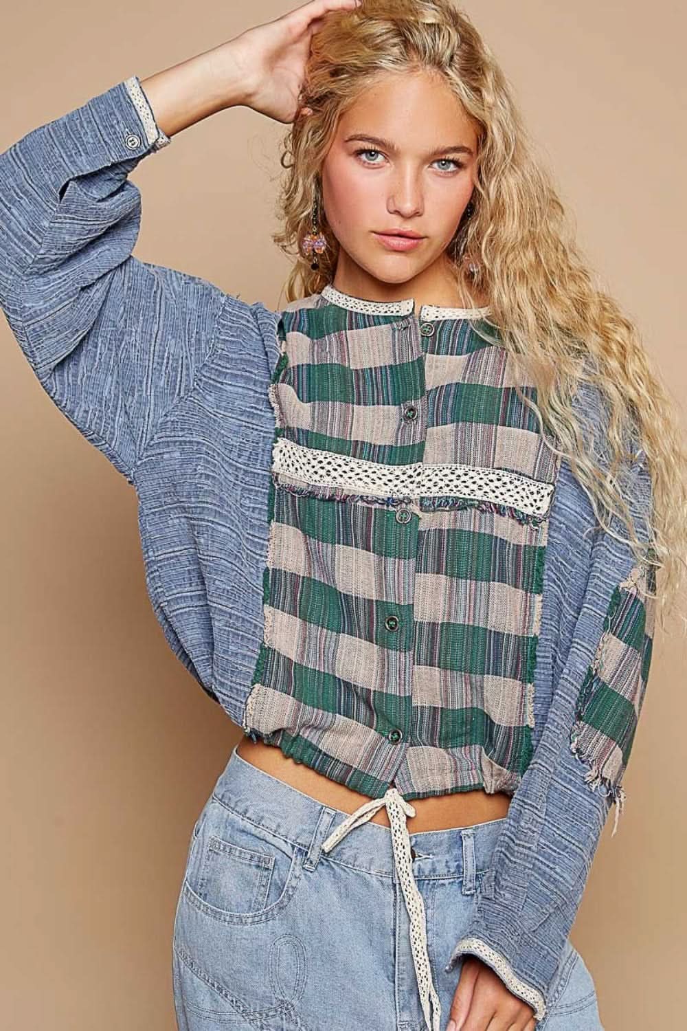 POL Round Neck Long Sleeve Plaid Shirt - Love Salve 