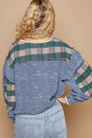 POL Round Neck Long Sleeve Plaid Shirt - Love Salve 