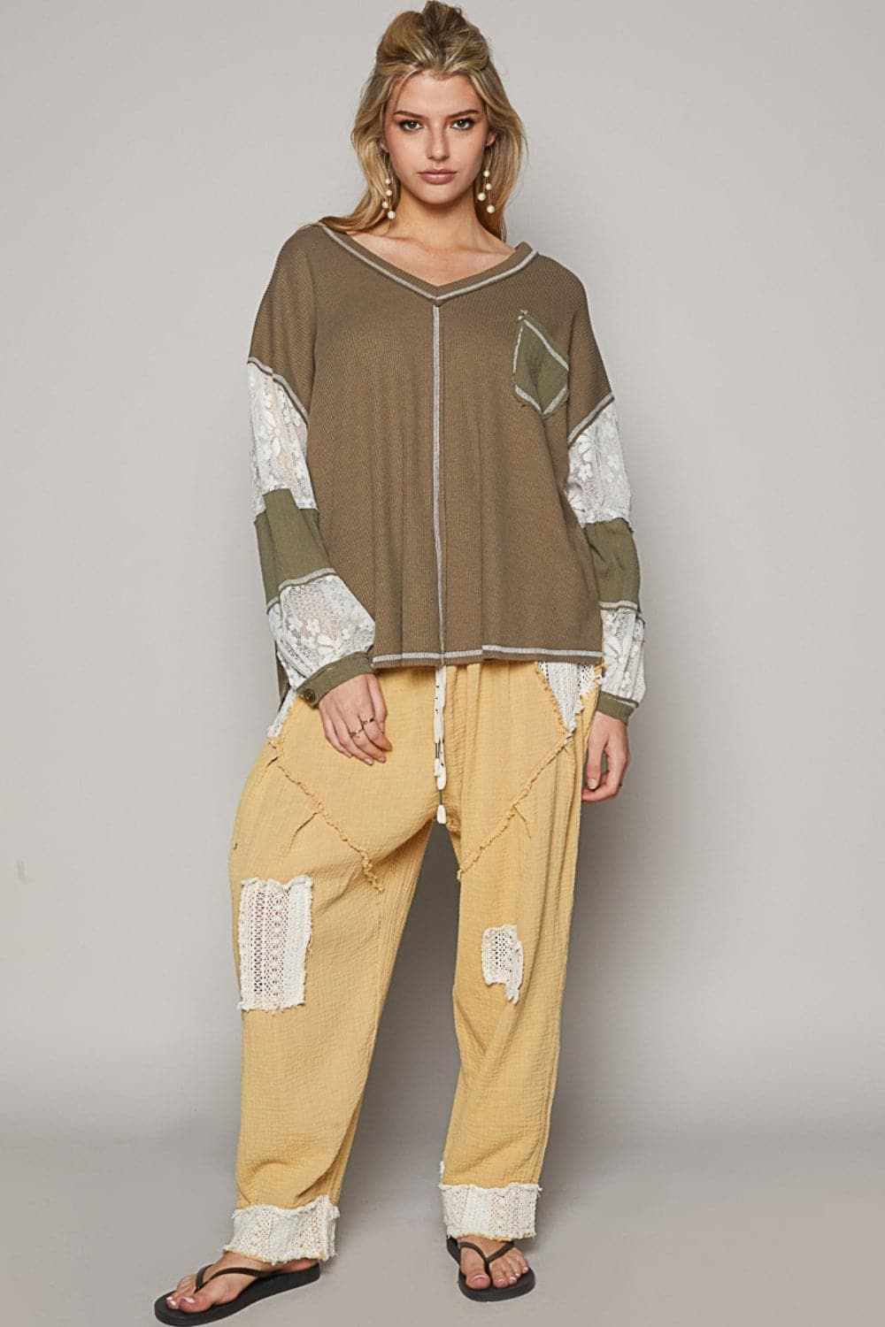 POL V-Neck Lace Balloon Sleeve Exposed Seam Top - Love Salve 