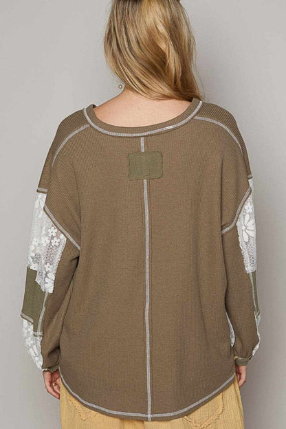 POL V-Neck Lace Balloon Sleeve Exposed Seam Top - Love Salve 