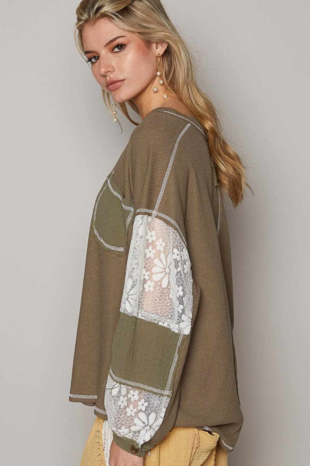 POL V-Neck Lace Balloon Sleeve Exposed Seam Top - Love Salve 