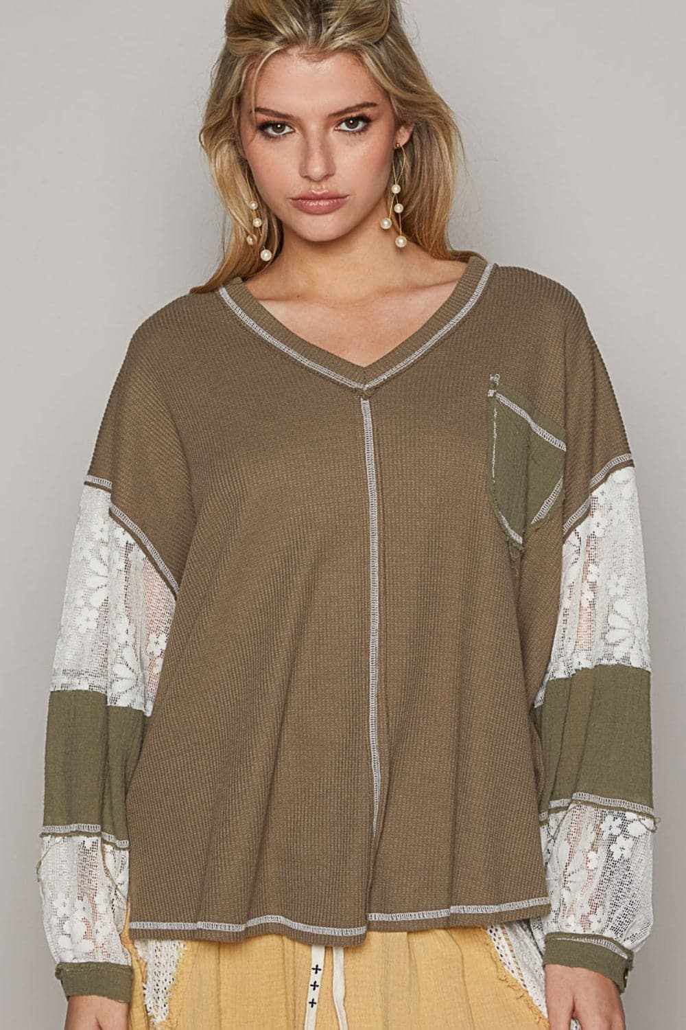 POL V-Neck Lace Balloon Sleeve Exposed Seam Top - Love Salve 