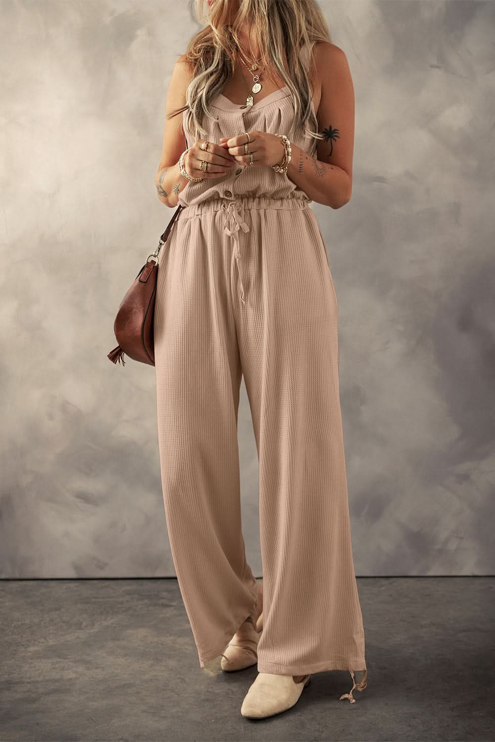 Pale Khaki Knotted Straps Button Textured Drawstring Jumpsuit 