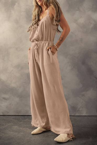 Pale Khaki Knotted Straps Button Textured Drawstring Jumpsuit 