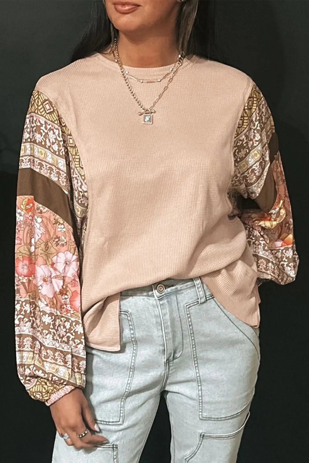 Parchment Contrast Floral Patchwork Puff Sleeve Waffle Knit Top - Love Salve 