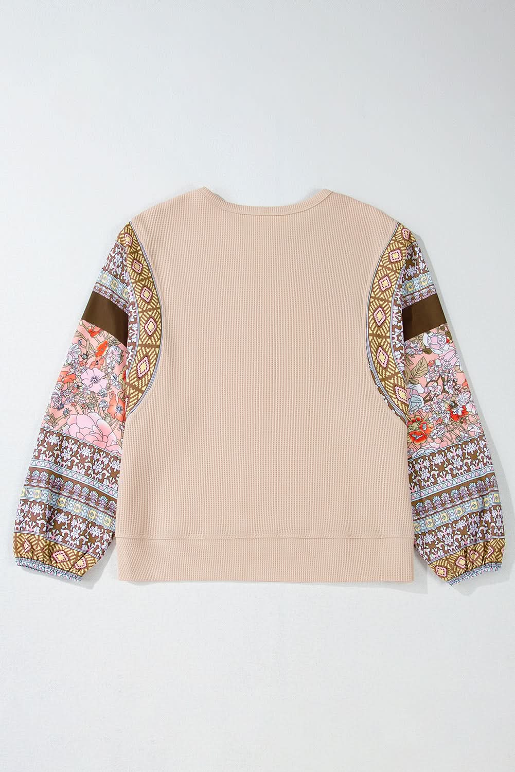 Parchment Contrast Floral Patchwork Puff Sleeve Waffle Knit Top - Love Salve 