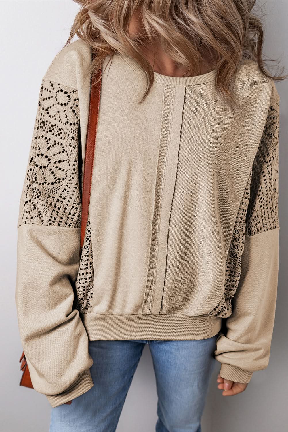 Parchment Knit Crochet Exposed Seam Ribbed Trim Sweatshirt - Love Salve 
