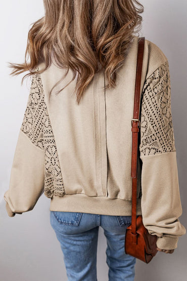 Parchment Knit Crochet Exposed Seam Ribbed Trim Sweatshirt - Love Salve 