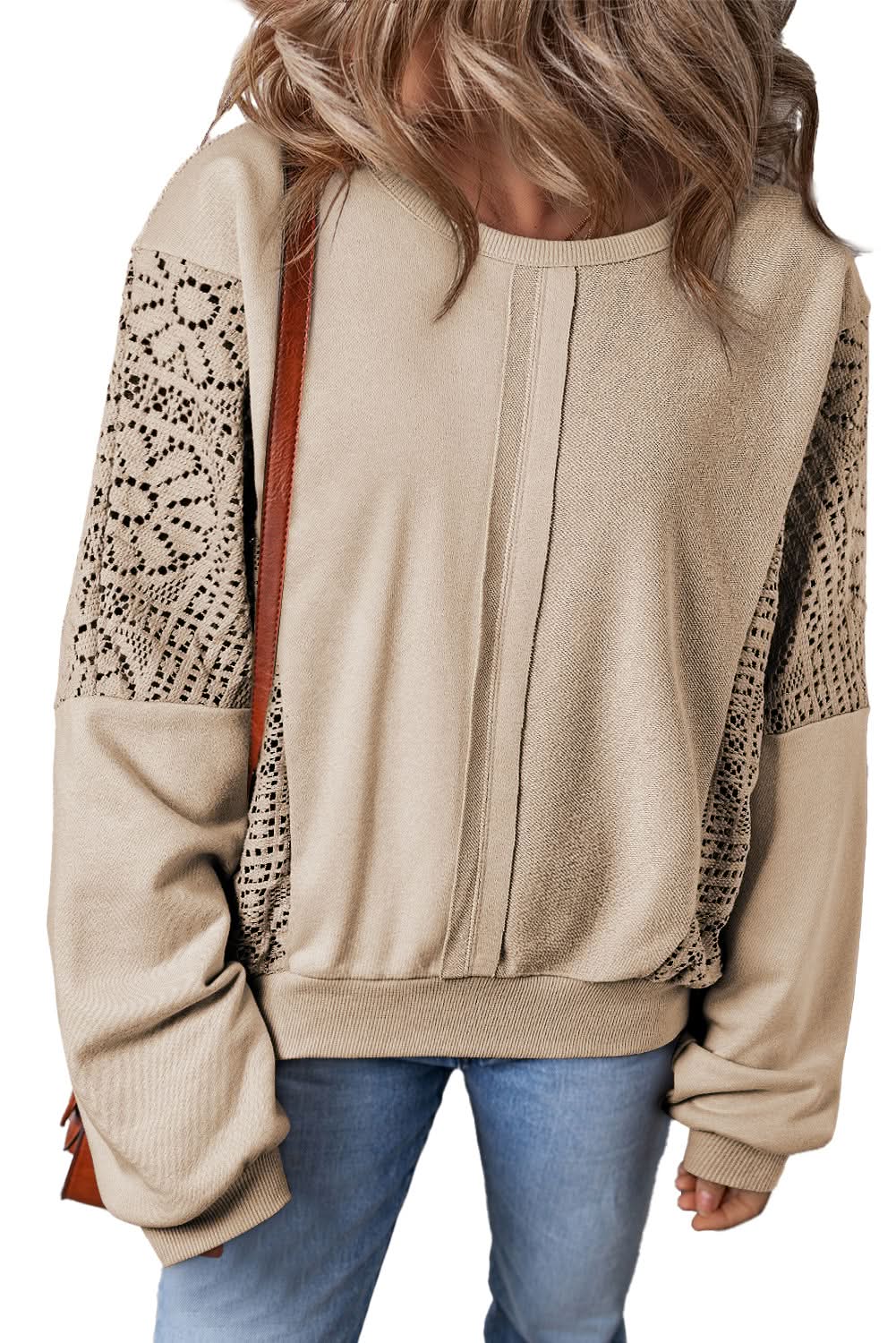 Parchment Knit Crochet Exposed Seam Ribbed Trim Sweatshirt - Love Salve 