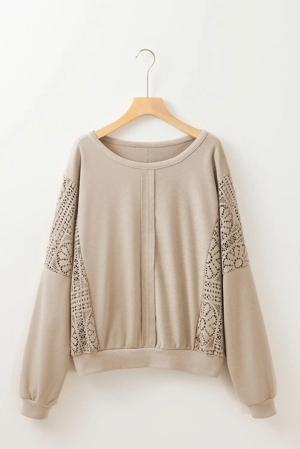 Parchment Knit Crochet Exposed Seam Ribbed Trim Sweatshirt - Love Salve 
