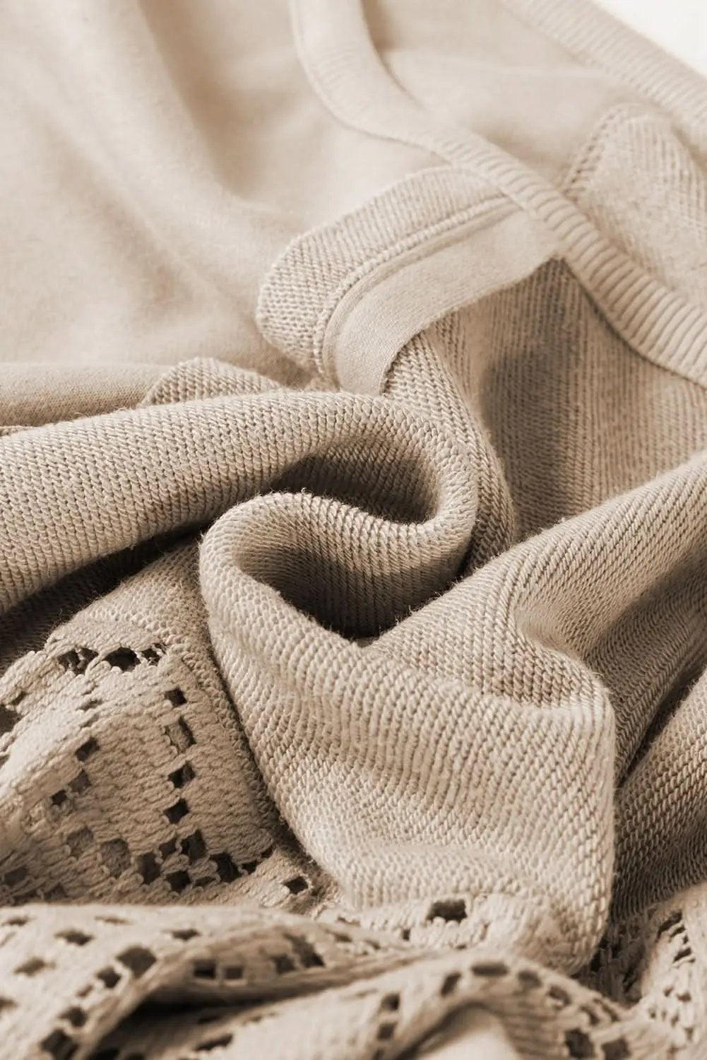 Parchment Knit Crochet Exposed Seam Ribbed Trim Sweatshirt - Love Salve 